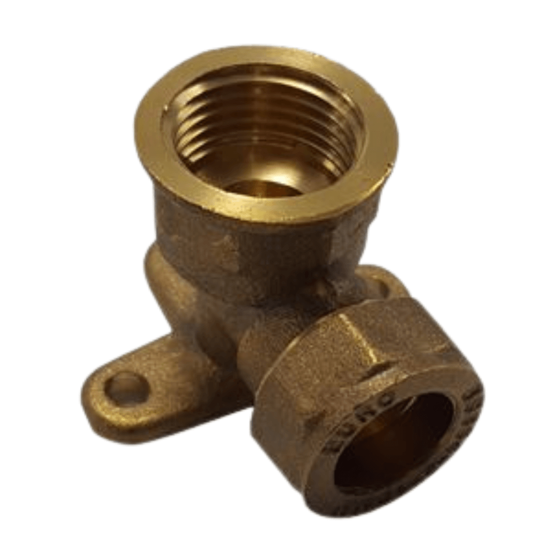 15mm wall plate elbow fitting with threaded ends, ideal for plumbing installations and pipe connections.