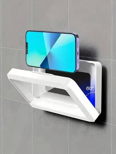 Waterproof shower phone holder securely displaying a smartphone at a 60-degree angle on a bathroom wall.