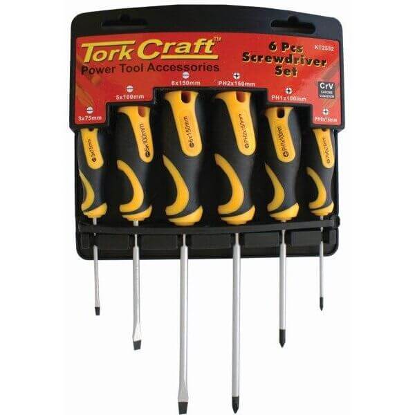 6PC screwdriver set from Tork Craft with wall mountable rack, featuring ergonomic handles and assorted sizes.