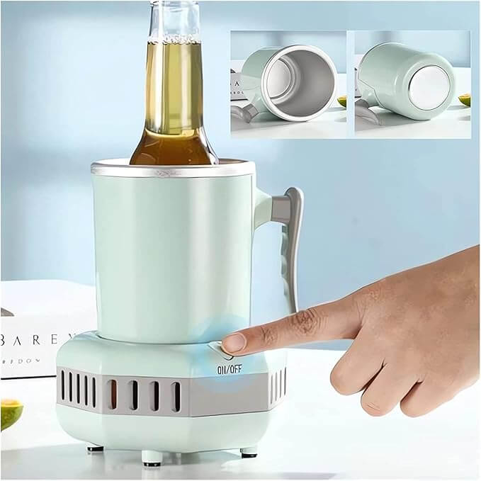 Portable Instant Cooling Cup with a bottle, showing cooling features and on/off button for fast beverage cooling.