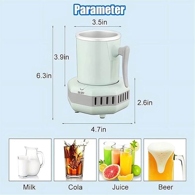 Image of Portable Instant Cooling Cup with dimensions and examples of beverages like milk, cola, juice, and beer.