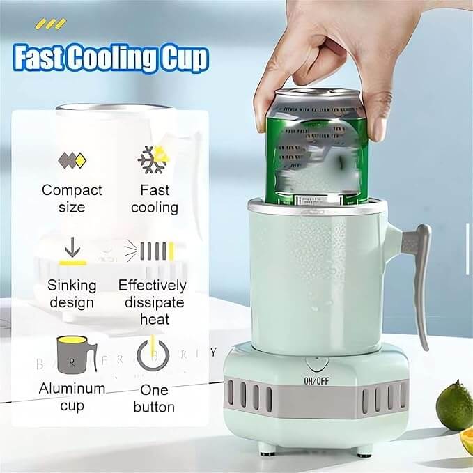 Portable Instant Cooling Cup with sleek design, cooling a beverage can, features like fast cooling and compact size.