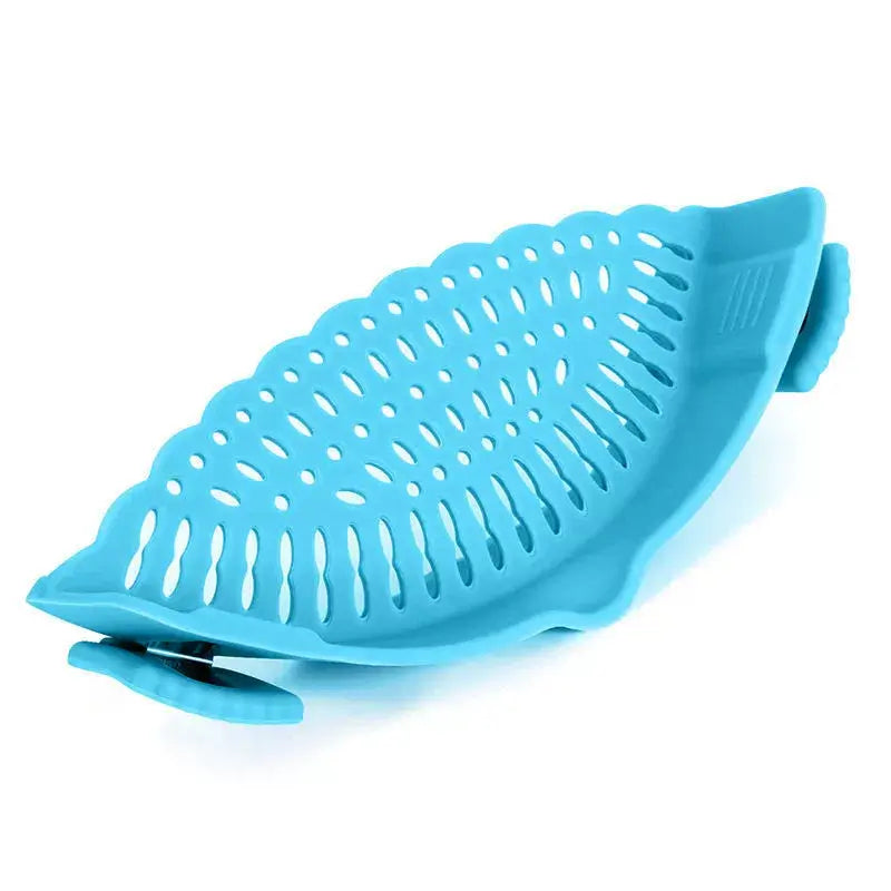 Clip-on silicone strainer in blue, features sturdy clips for secure attachment to bowls and pots.