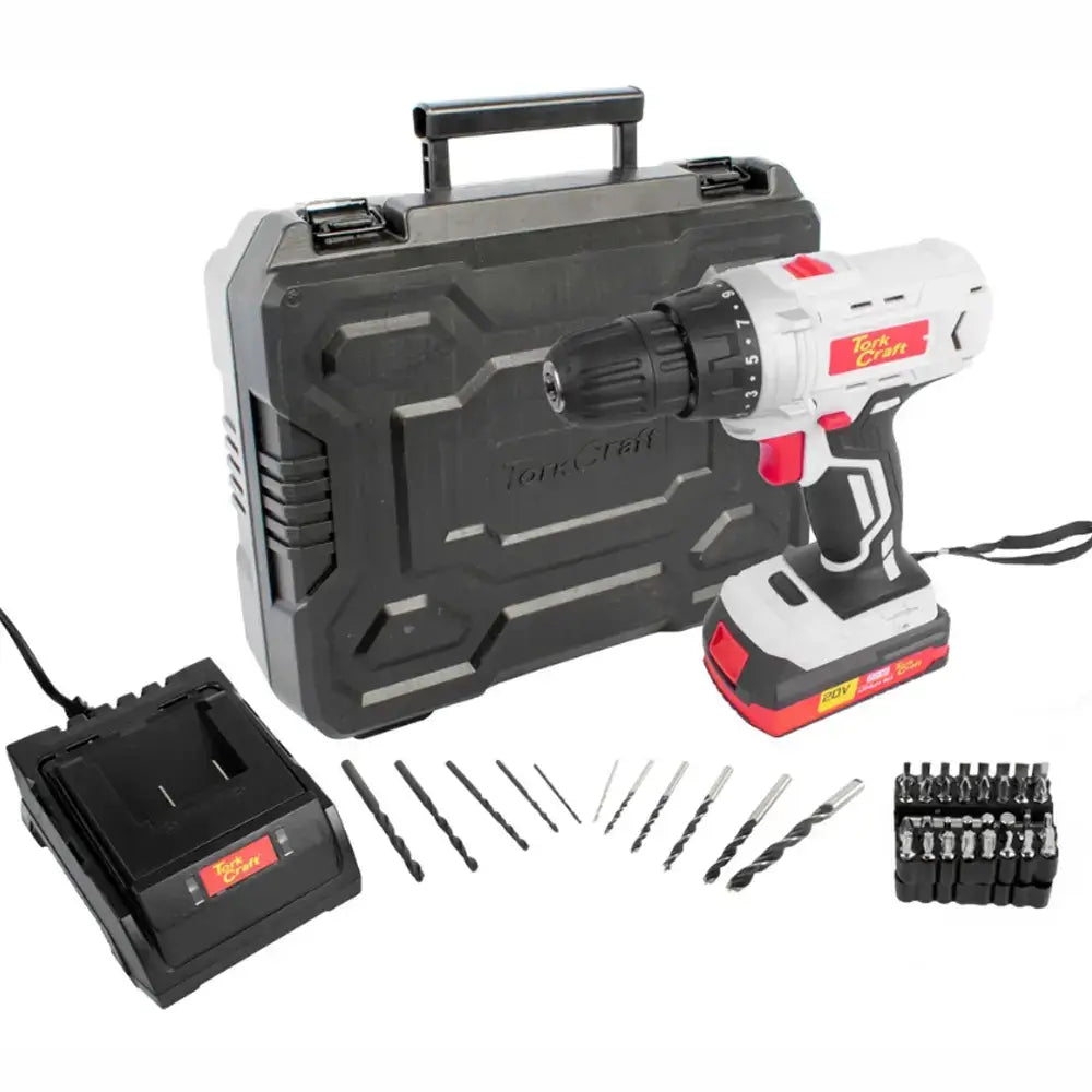 TorkCraft cordless drill driver kit with 20V battery, charger, case, and accessories including drill bits.