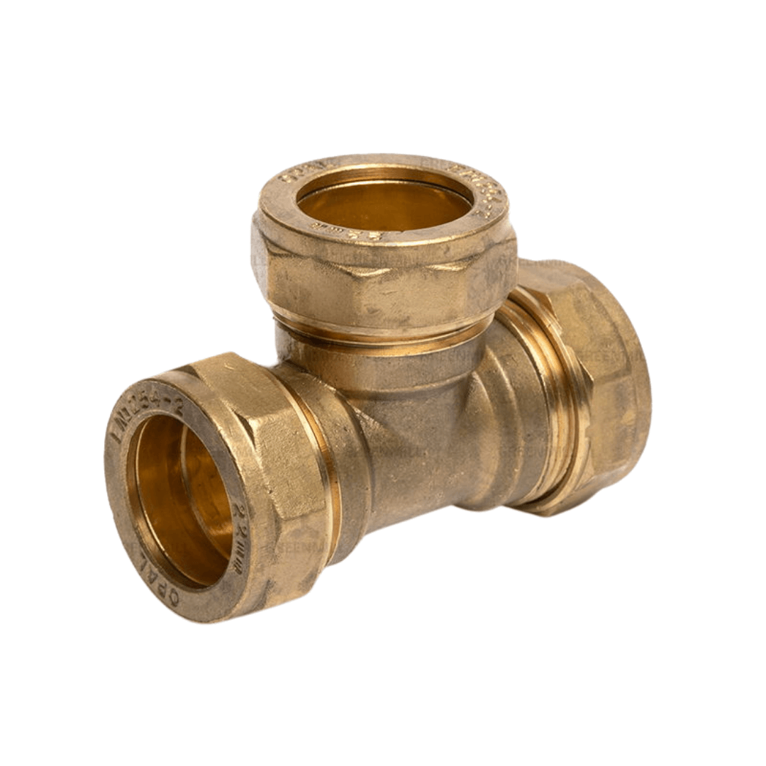 15mm or 22mm compression equal tee piece, brass plumbing fitting for secure connections.