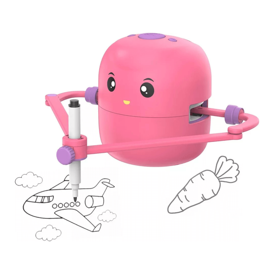 Pink sketching robot toy drawing an airplane and carrot, perfect educational tool for kids' creativity.