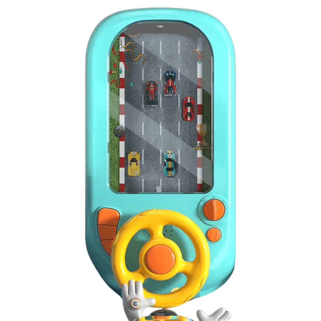 Little Car Racing Pro interactive steering wheel toy with vibrant road scene and colorful cars, promoting imaginative play.