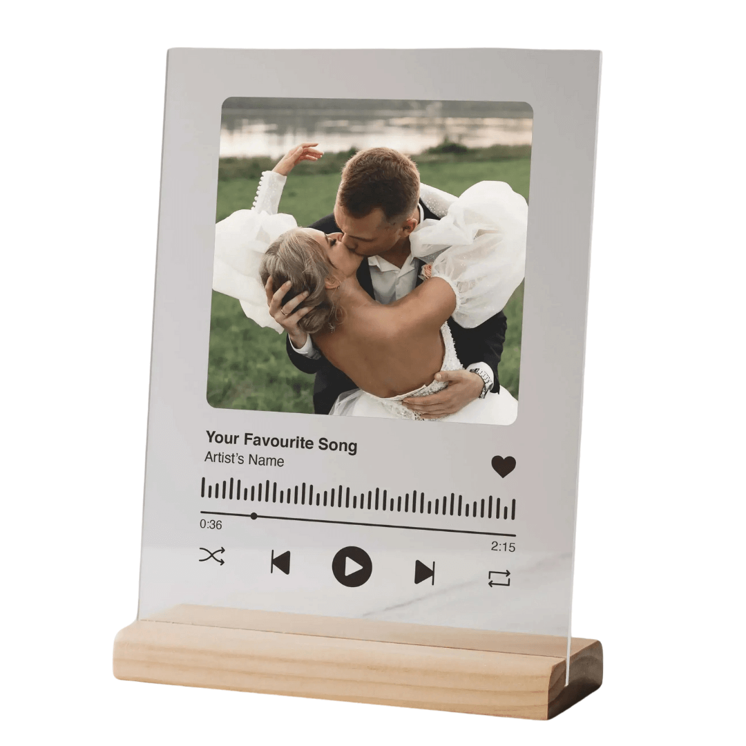 Personalized Love Song Plaque with stand, featuring a couple and a Spotify-style design.