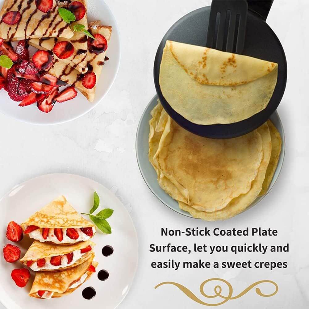 Non-stick pancake maker with crepes and toppings, showcasing the easy cooking and cleanup features.