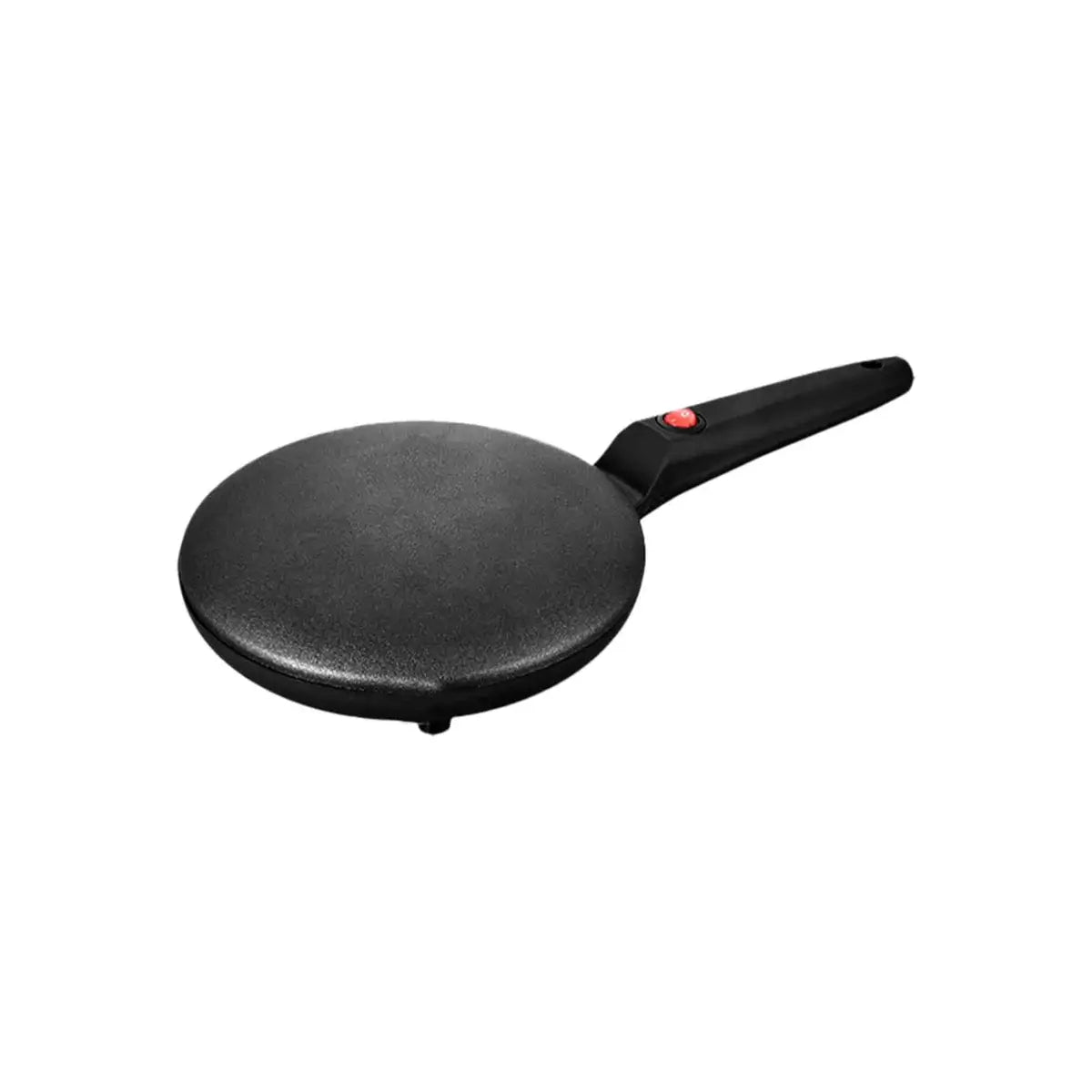 Non-stick pancake maker with a black cooking plate and handle for perfect pancakes.