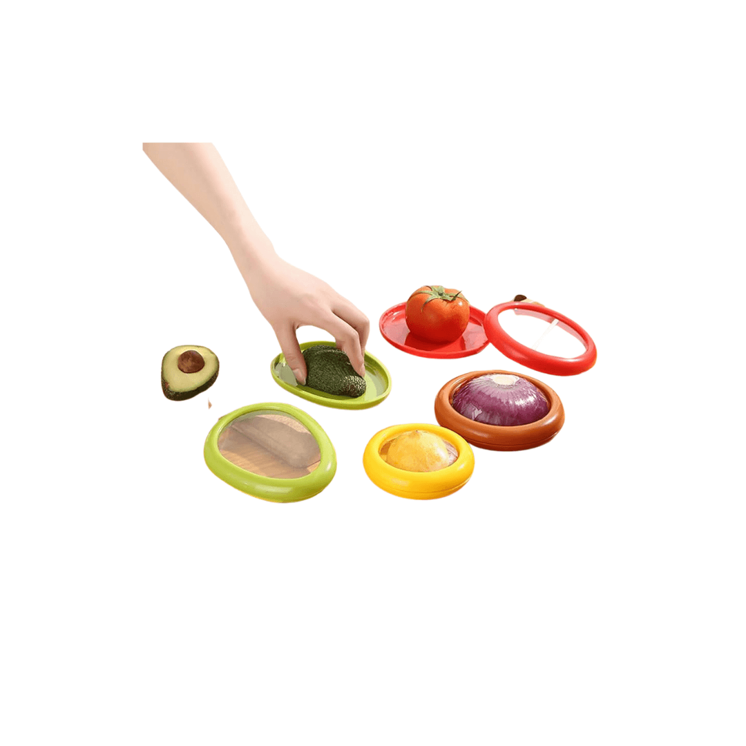 Eco-friendly silicone storage containers for fruits and vegetables, showcasing vibrant colors and a hand placing an avocado.