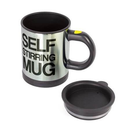 Self stirring mug with non-spill lid, automatic stirring function, perfect for coffee, tea, and hot drinks.