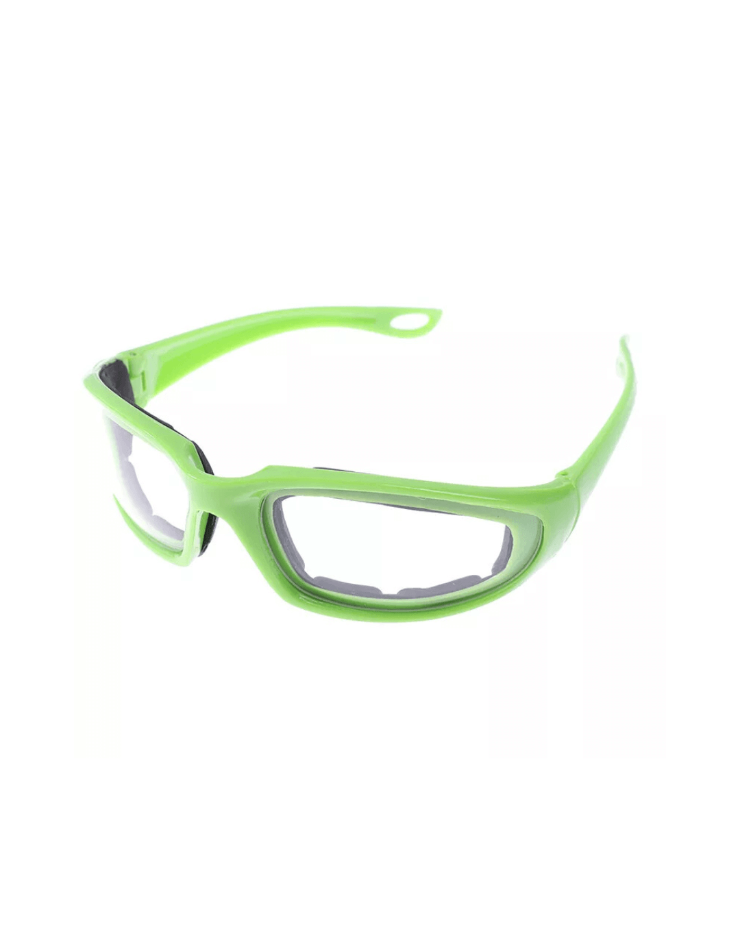 Green onion goggles with foam-sealed design for eye protection while chopping onions and other pungent ingredients.