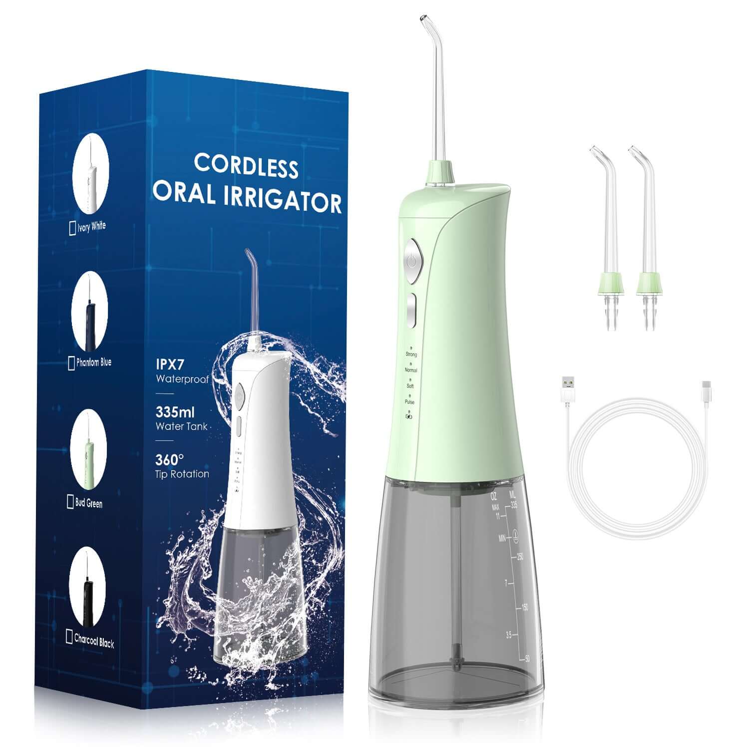 Cordless oral irrigator with 335ml water tank, IPX7 waterproof, 360° tip rotation, and included accessory tips.