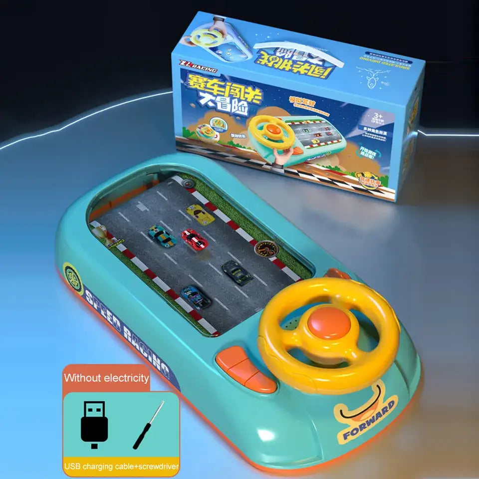 Little Car Racing Pro steering wheel toy with racing track and colorful cars, promoting imaginative play for kids.