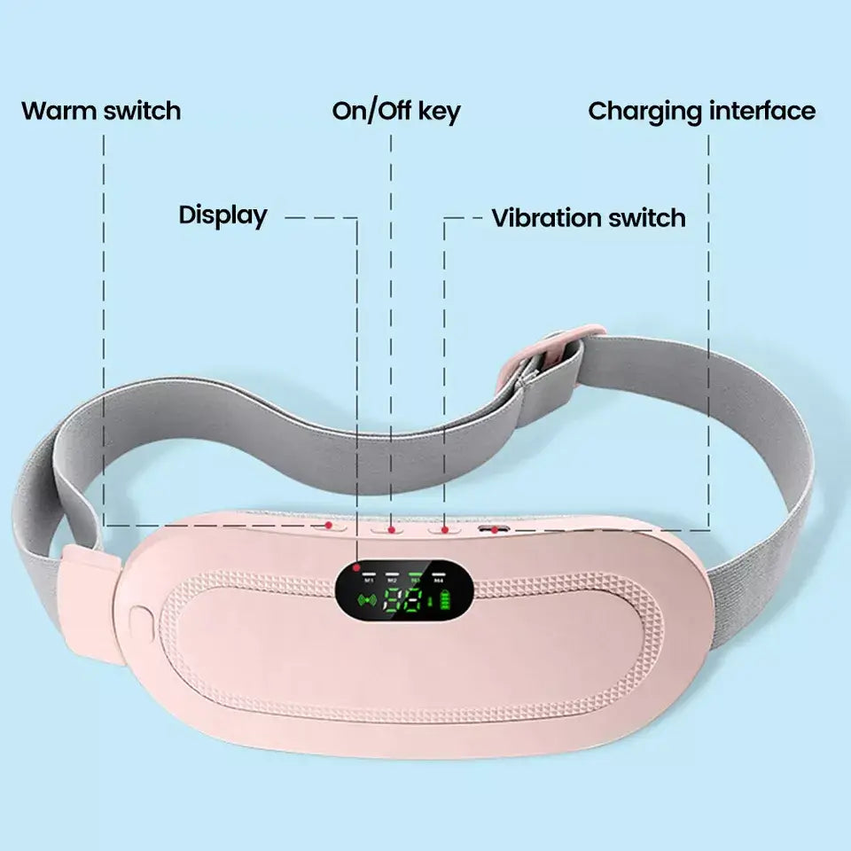 Close-up of a menstrual heating pad showcasing the warm switch, display, and vibration settings for pain relief.